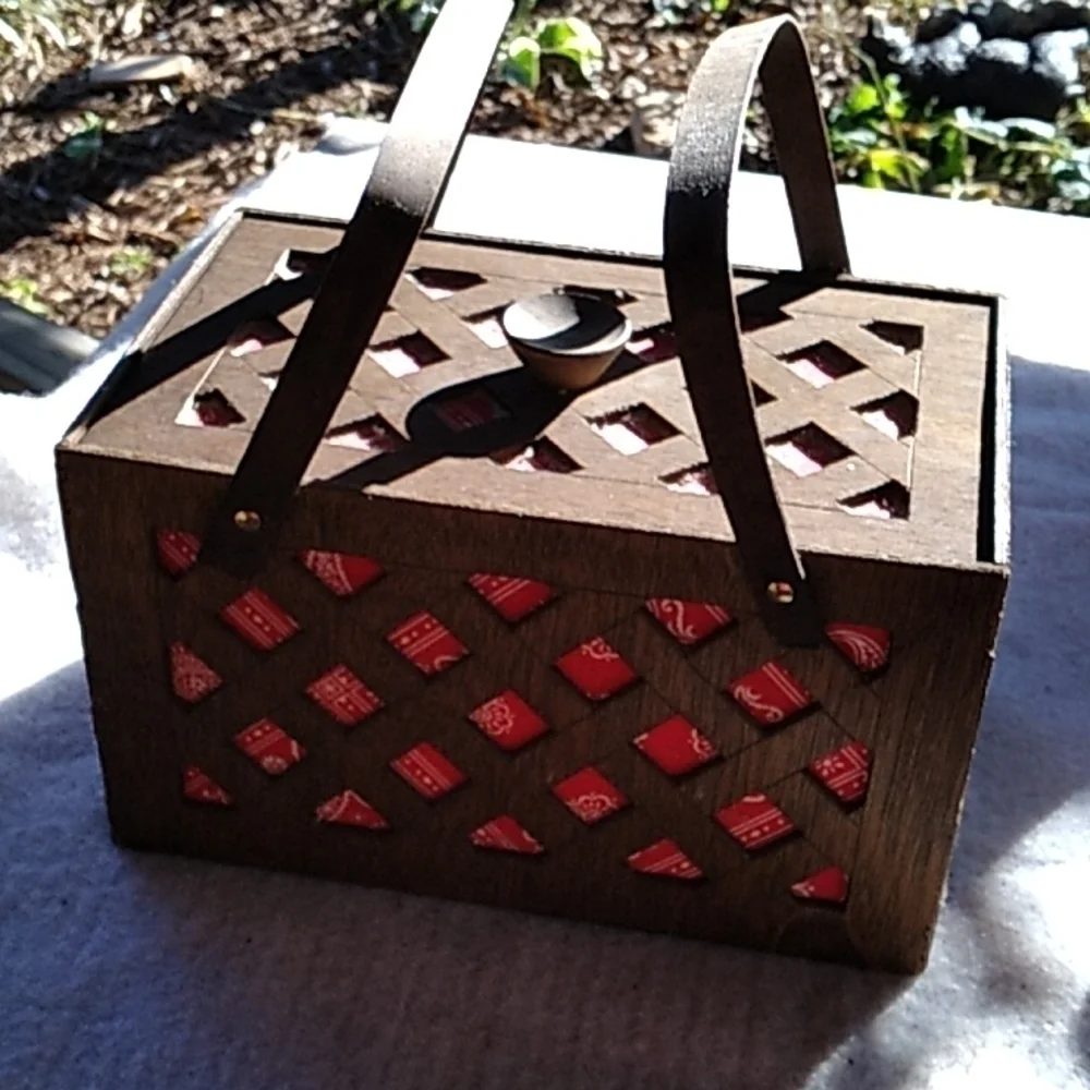 Vintage wood and red bandana sewing box